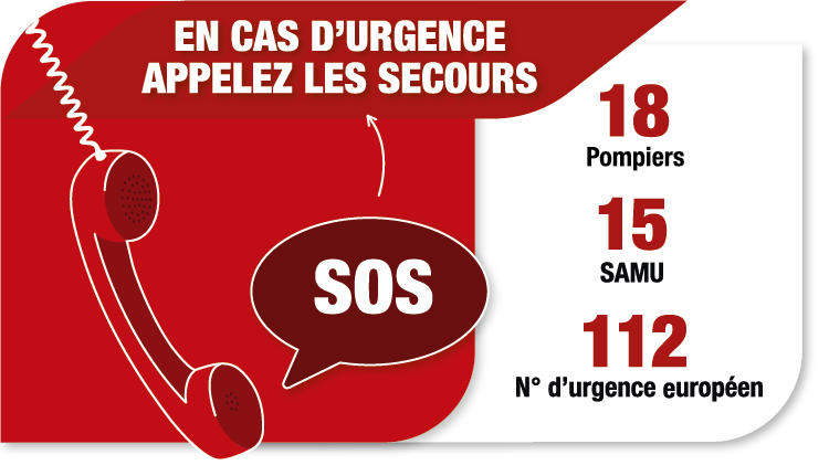 En cas d'urgence appelez les secours au 18 pompier, 15 Samu, 112 numéro d'urgence européen