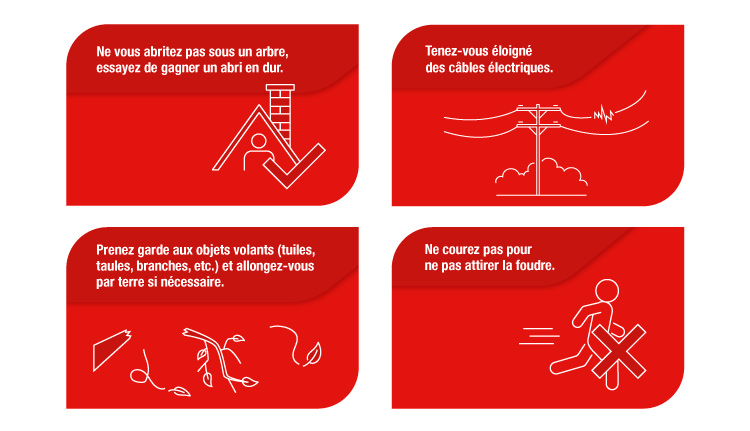 Ne vous abrtiez pas sous un arbre, essayez de gagner un abri en dur. Tenez-vous éloigné des câbles électriques. Prenez garde aux objets volants et allongez-vous par terre si nécessaire. Ne courez pas pour ne pas attirer la foudre.