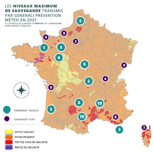 Carte de France des alertes envoyées par Generali Prévention Météo lors d'orages, épisodes de grêle etc.