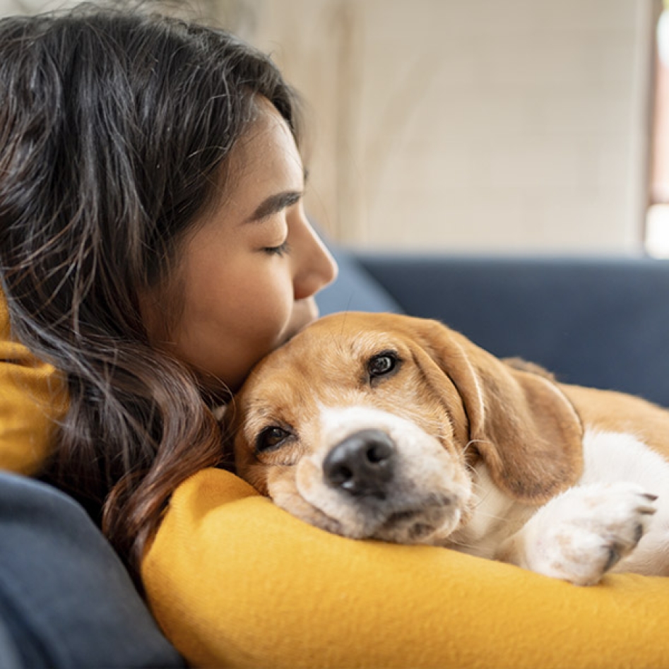 une femme qui fait un câlin à son chien